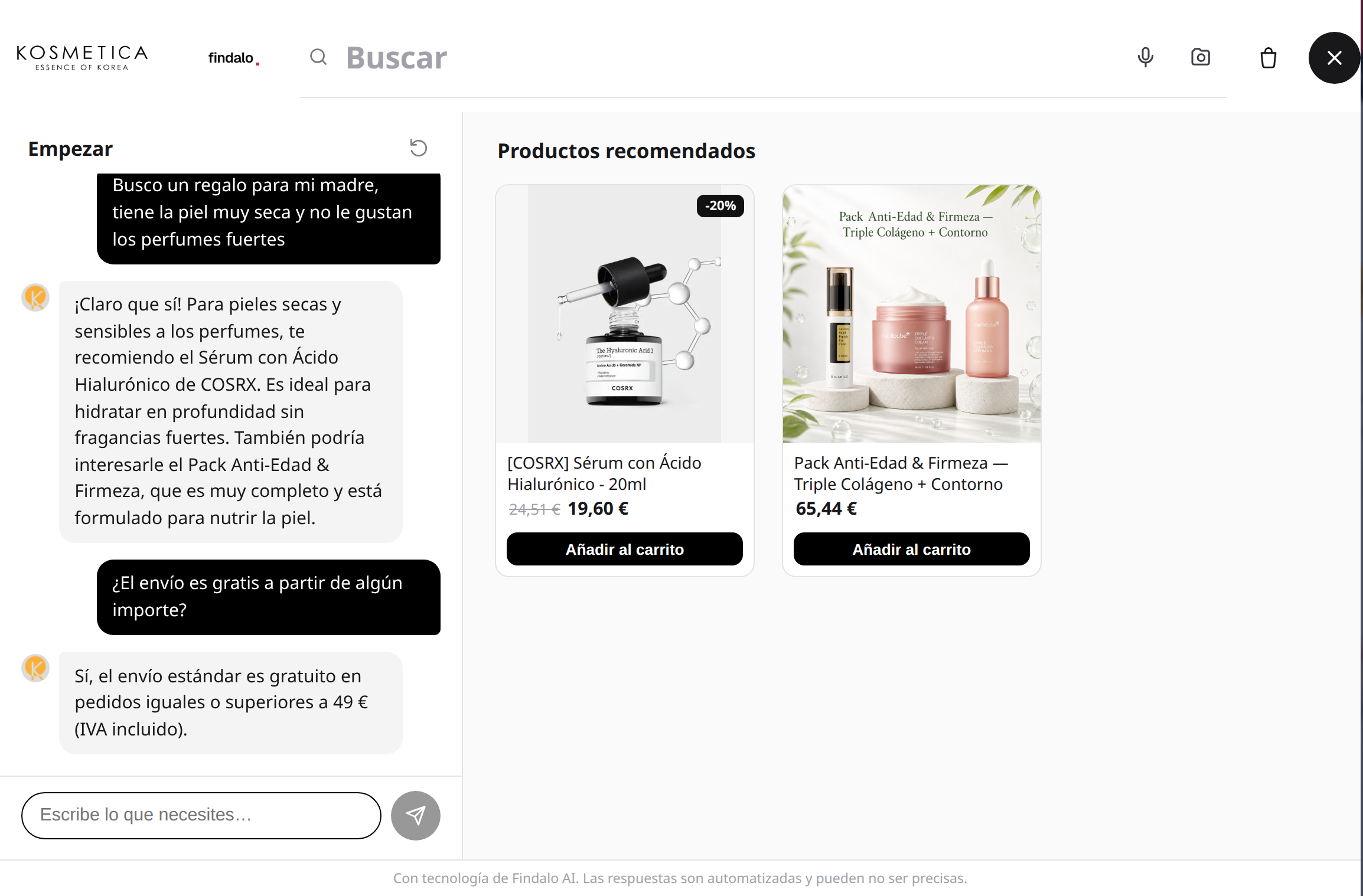 Conversación con el Asistente de compra dentro del buscador: pregunta al comprador y recomienda productos del catálogo