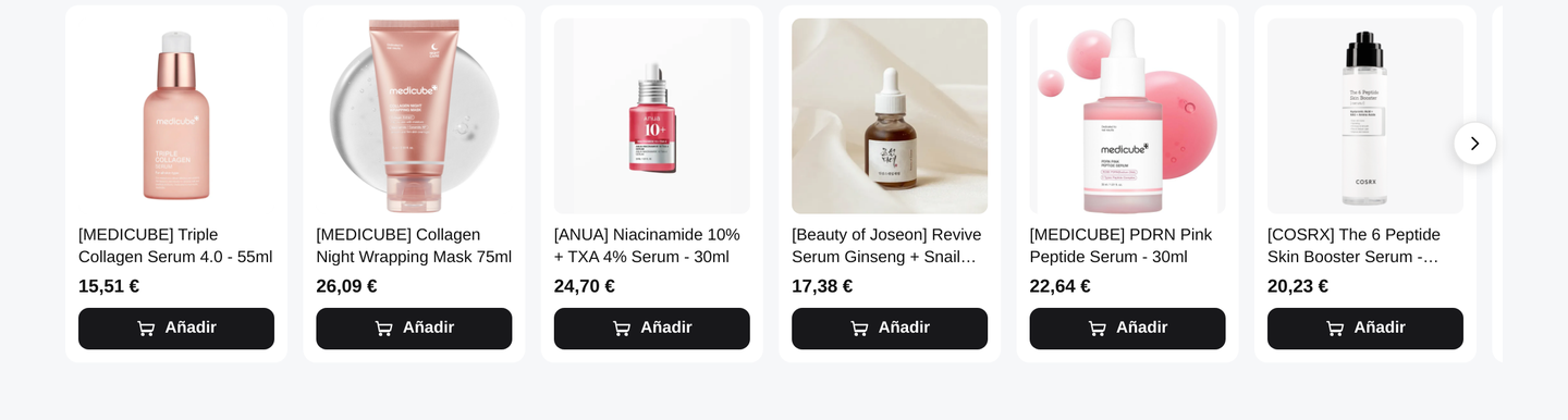 Carrusel de productos similares mostrado en una ficha de producto: seis sérums y cremas relacionados.