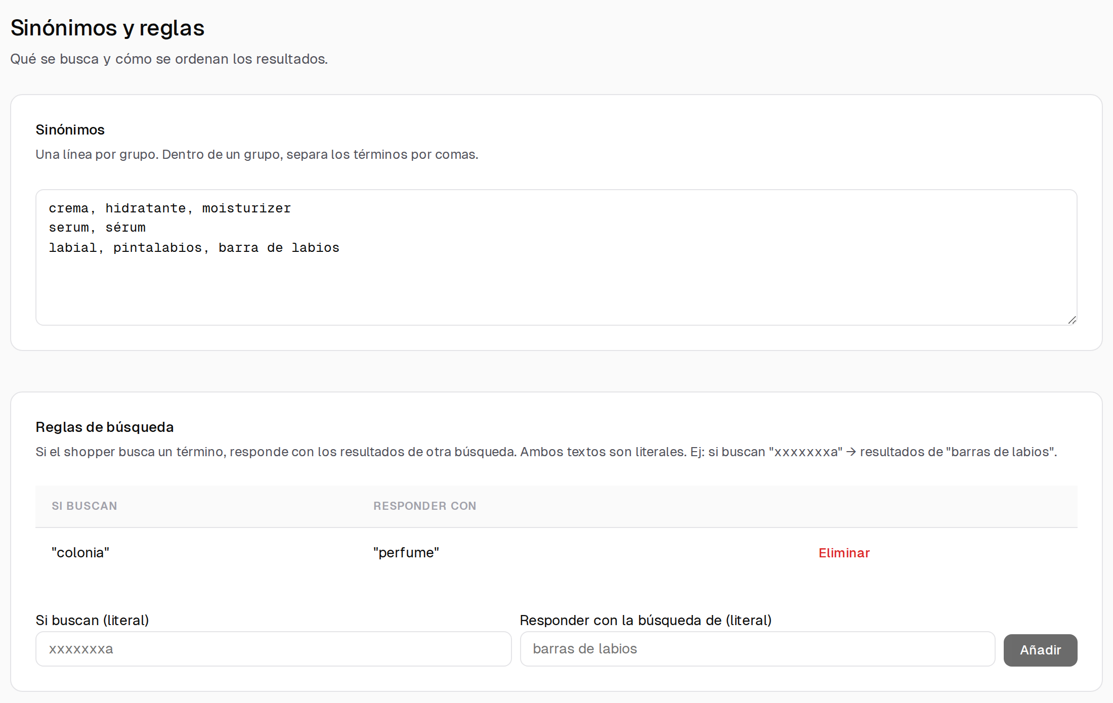 Panel de findalo: sinónimos configurados para el buscador