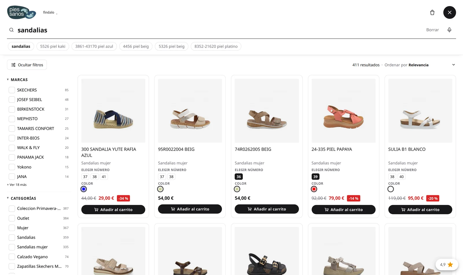Buscador Findalo en espaciopiessanos.com: resultados de sandalias con número y color en cada tarjeta