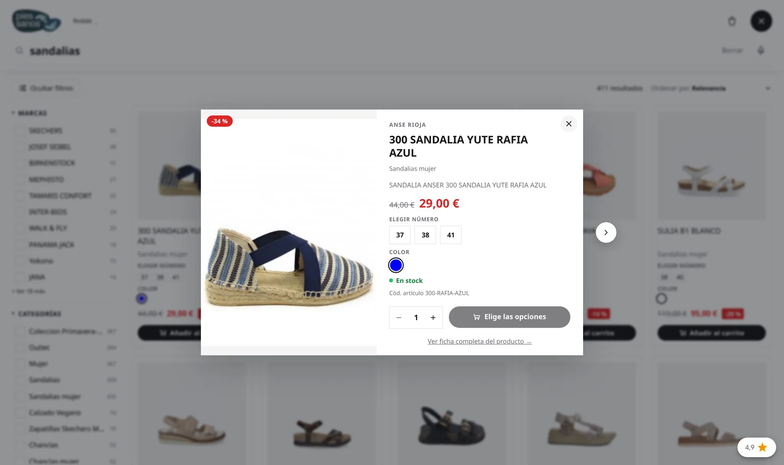 Vista rápida de Findalo en espaciopiessanos.com: número, color y stock sin salir del buscador