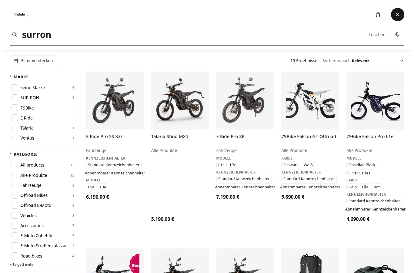 Buscador Findalo en moviba.shop (WooCommerce): resultados de «surron» con facetas en alemán