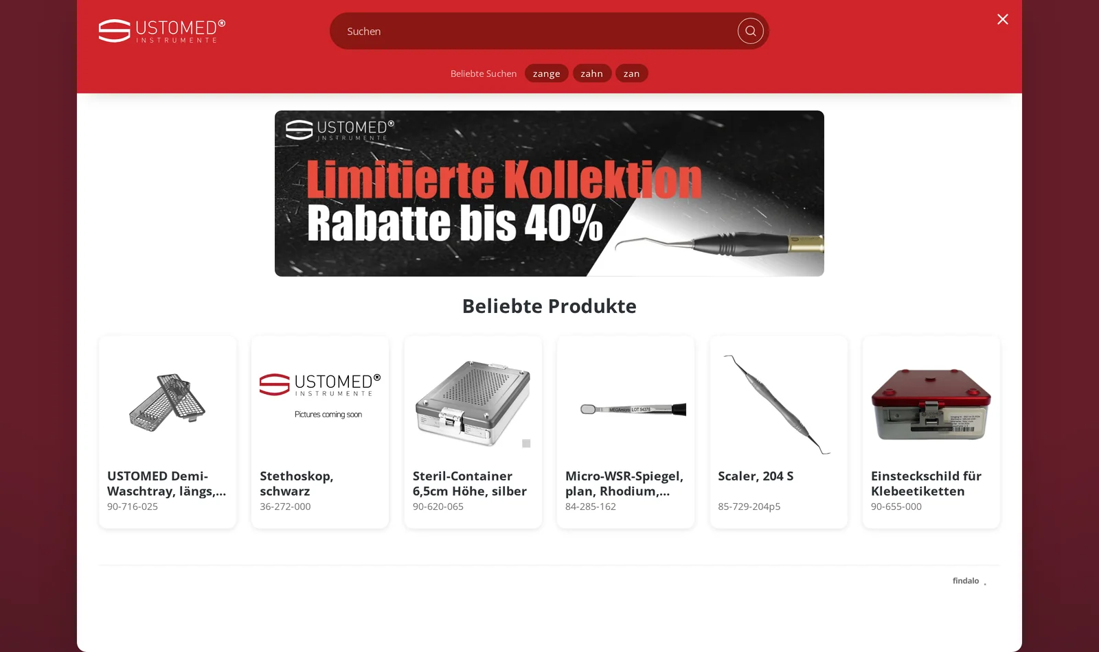 Buscador Findalo en www.ustomed.de: campaña y productos populares antes de escribir