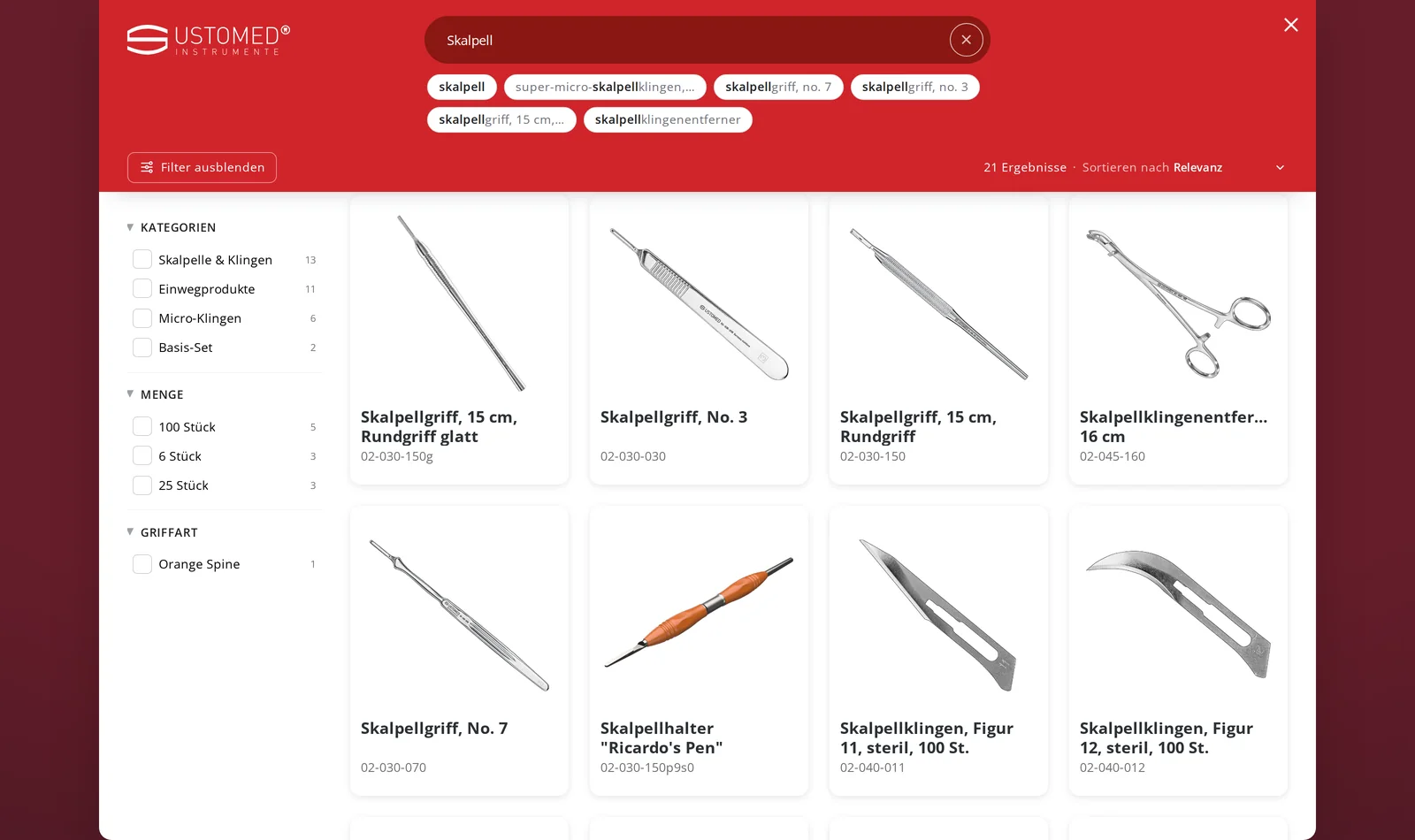 Buscador Findalo en www.ustomed.de (Shopware 6.7): resultados de Skalpell con filtros en alemán
