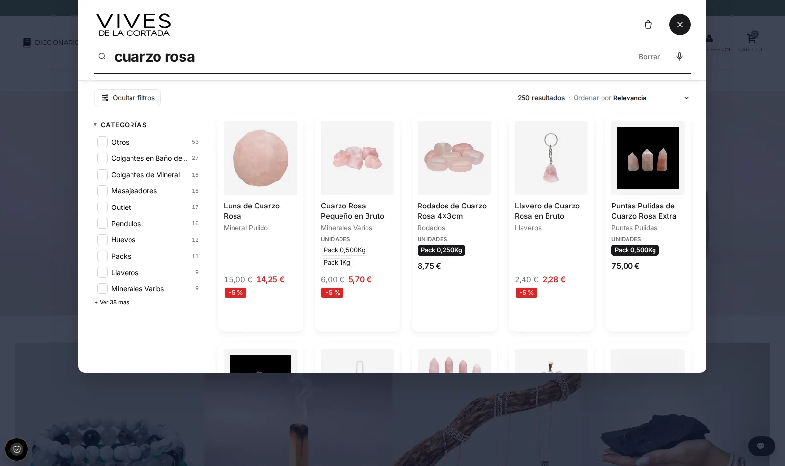 Buscador Findalo en vivescortadaimport.com (PrestaShop 8): resultados de «cuarzo rosa» con filtros por categoría y formatos de venta