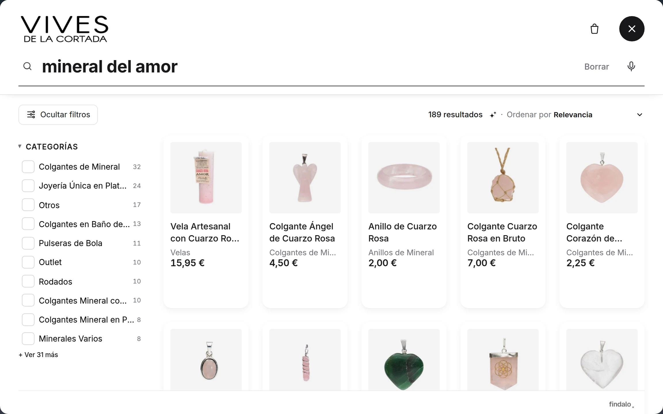 Búsqueda «mineral del amor» en vivescortadaimport.com: la primera fila de resultados es cuarzo rosa