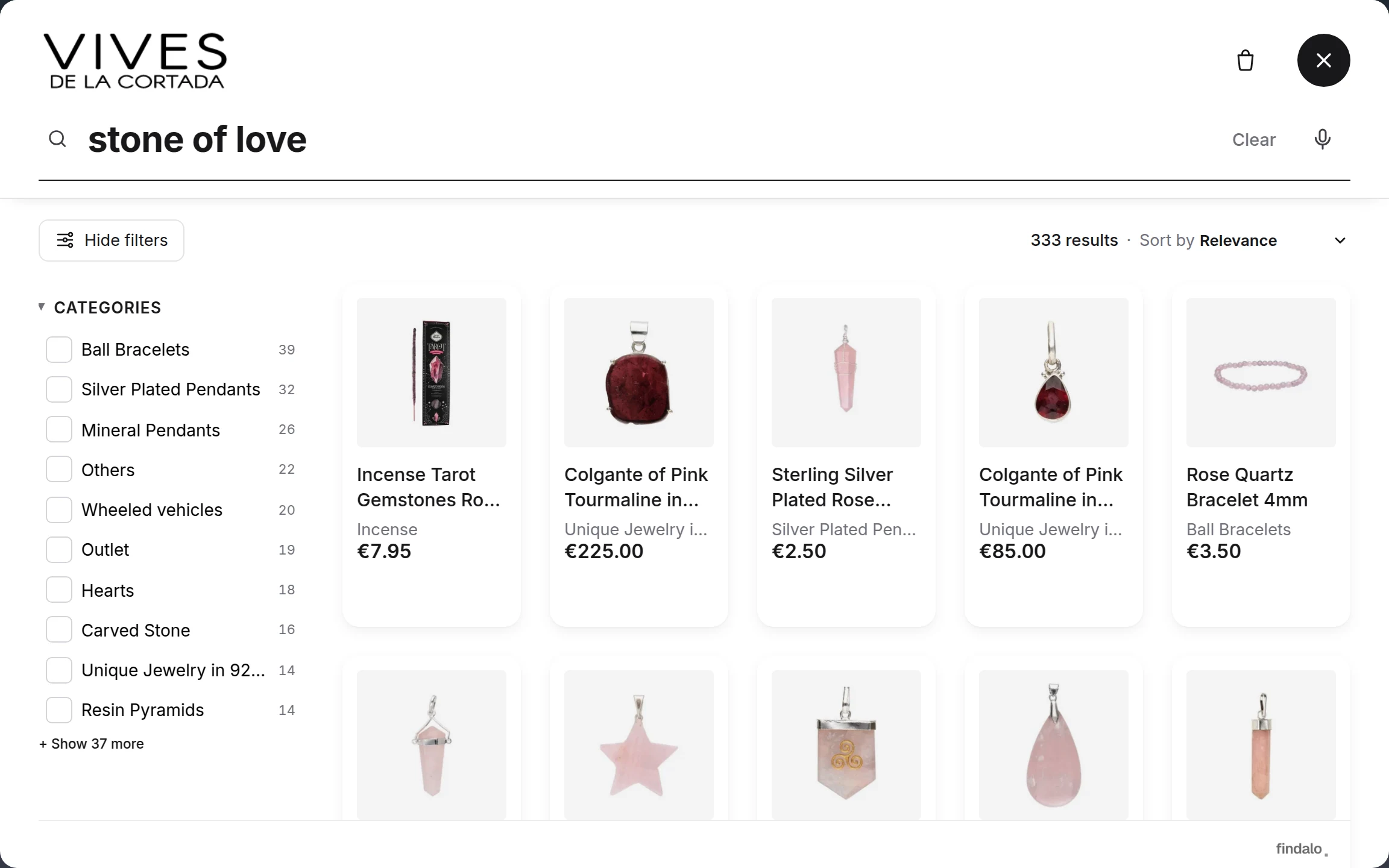 "stone of love" on vivescortadaimport.com/en: rose quartz in the first rows of results