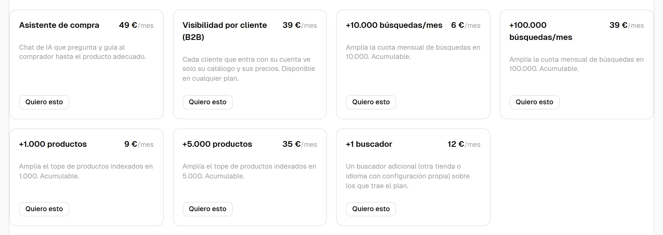 Panel de findalo, escaparate de extras: «Visibilidad por cliente (B2B)», 39 €/mes, disponible en cualquier plan