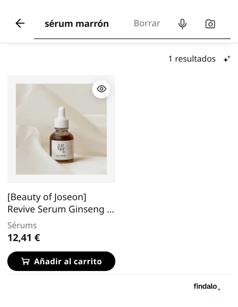 Búsqueda «sérum marrón» en kosmetica.es desde el móvil: el único sérum en frasco marrón del catálogo