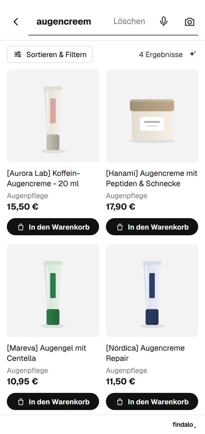Findalo-Suche auf dem Handy: versteht den Tippfehler „augencreem“ und zeigt Augencremes