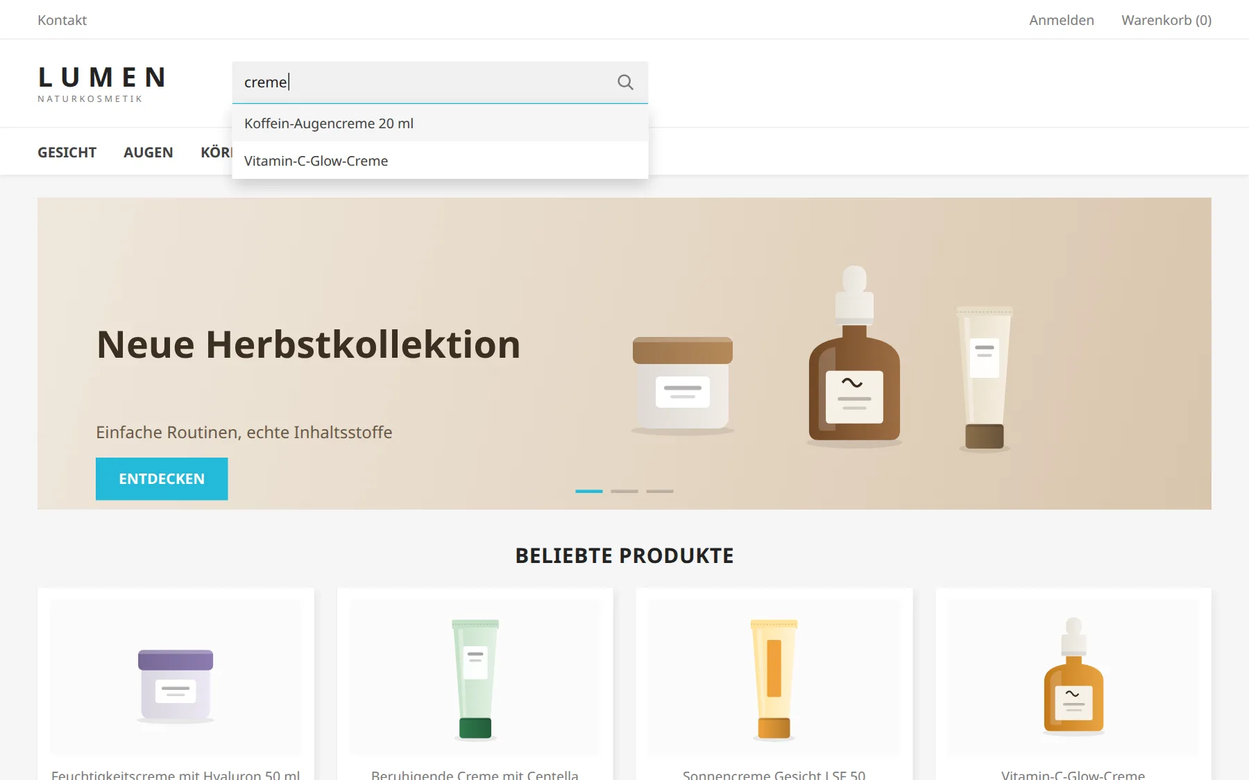 Native PrestaShop-Suche: Dropdown mit zwei reinen Textergebnissen, ohne Bild und Preis