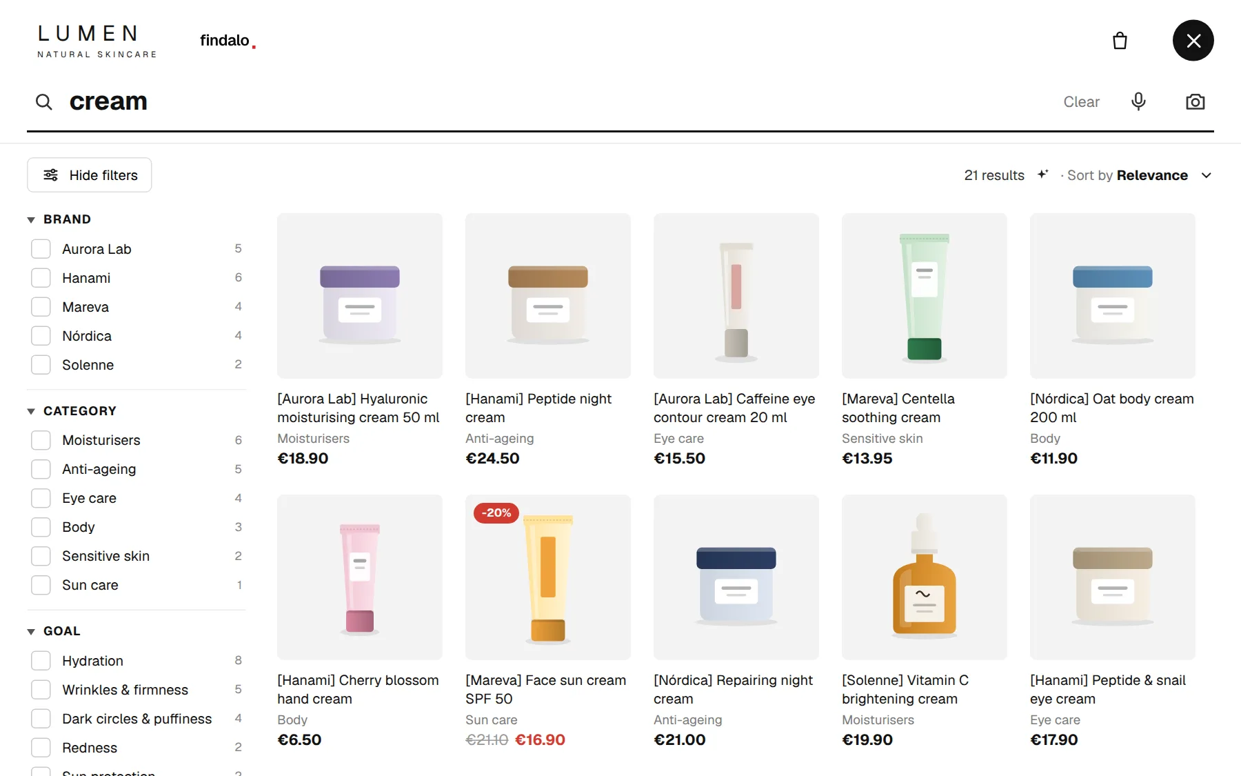 Findalo search: 21 results for “cream” with photo, price and filters by brand, category and goal