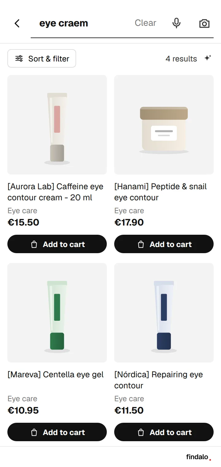 Findalo search on mobile: understands the typo “eye craem” and shows eye creams
