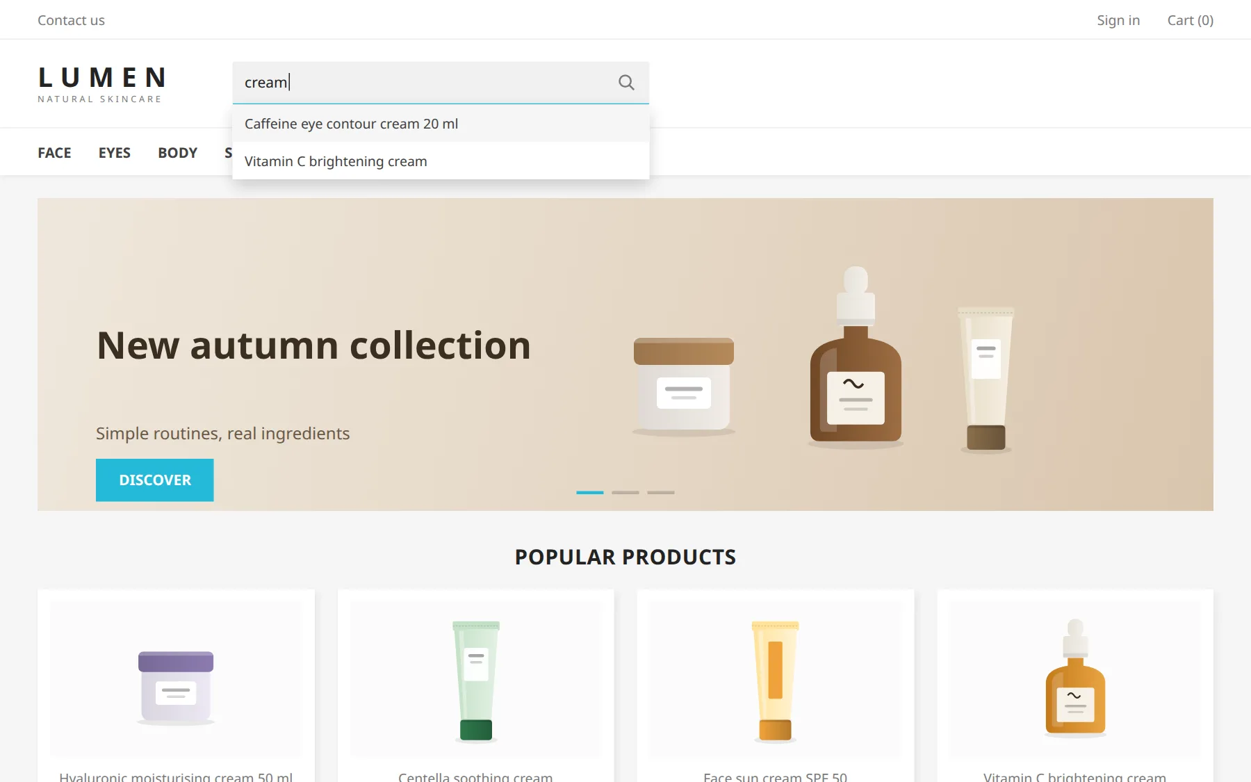 Native PrestaShop search: a dropdown with two text-only results, no photo or price