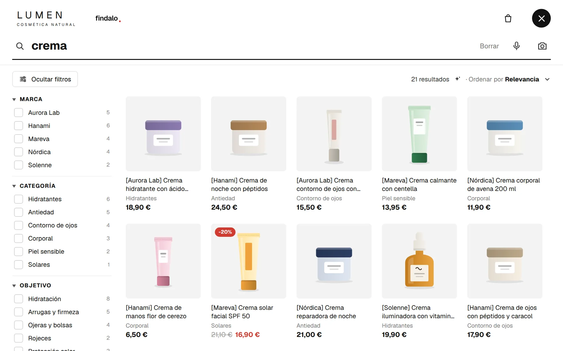 Buscador findalo: 21 resultados para «crema» con foto, precio y filtros por marca, categoría y objetivo