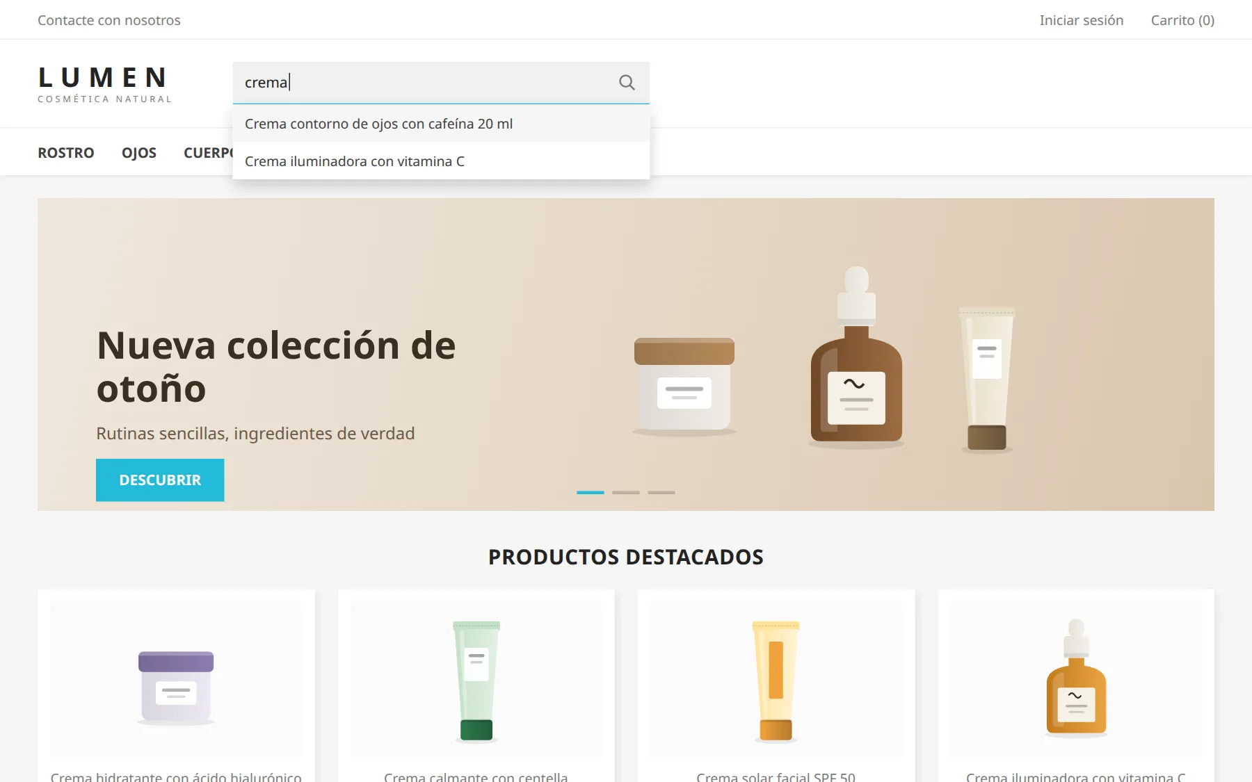 Buscador nativo de PrestaShop: desplegable con dos resultados de texto, sin foto ni precio