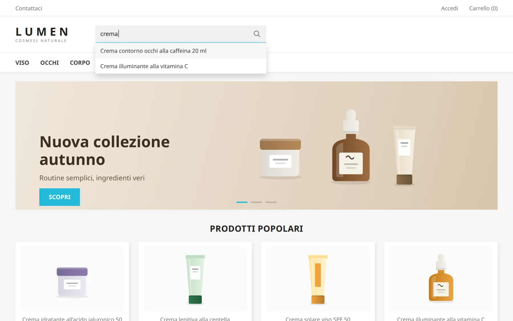 Ricerca nativa di PrestaShop: tendina con due risultati solo testo, senza foto né prezzo