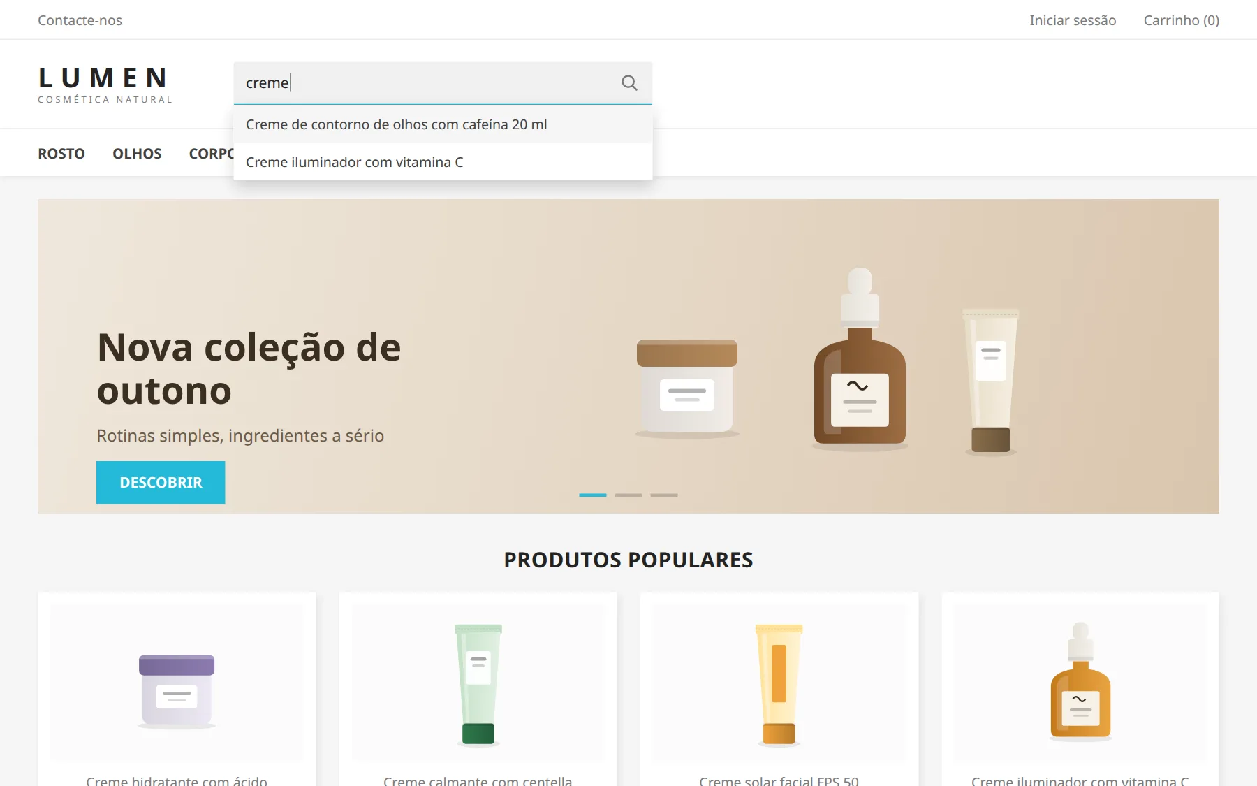 Pesquisa nativa do PrestaShop: lista com dois resultados só de texto, sem foto nem preço