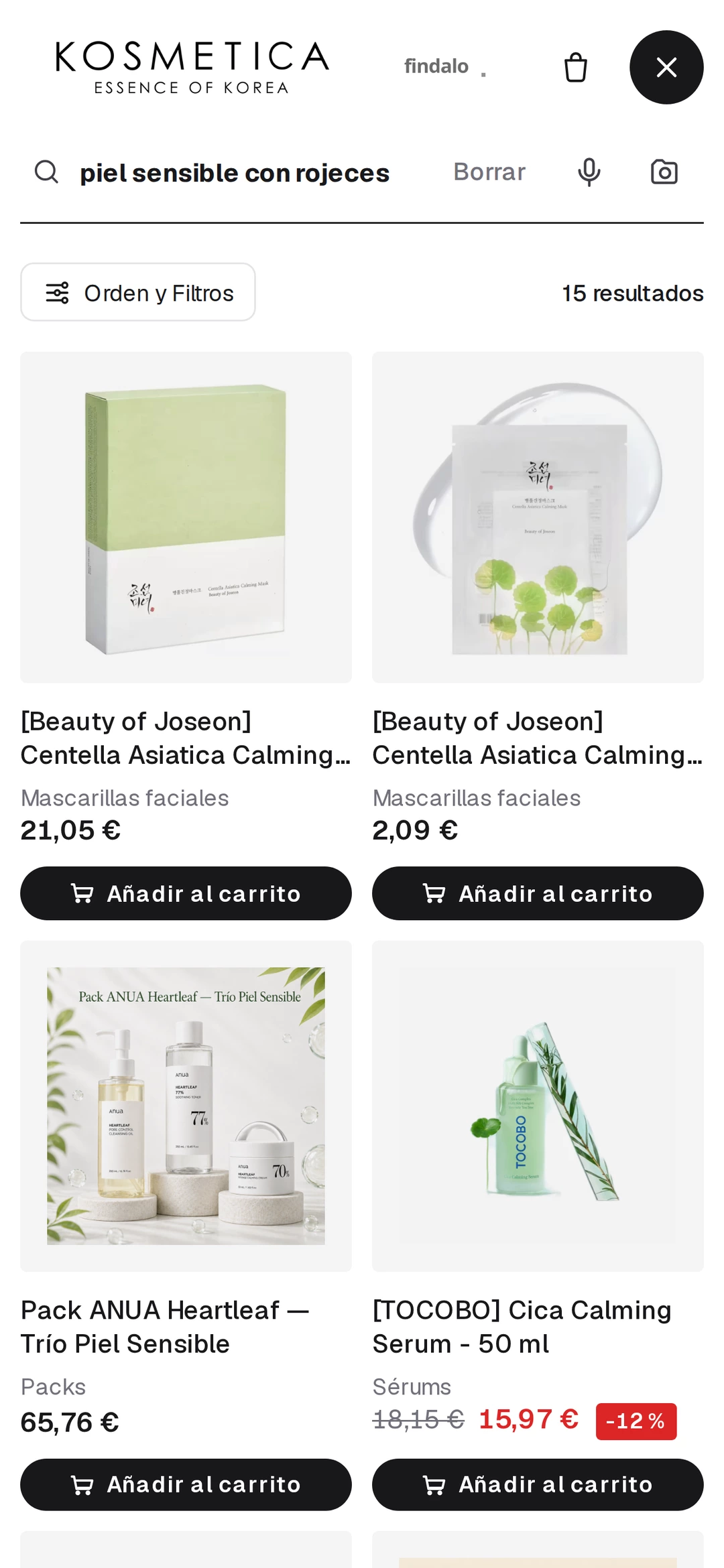 Findalo widget en móvil · Kosmetica