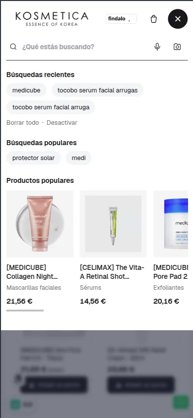 Findalo widget en móvil · Kosmetica